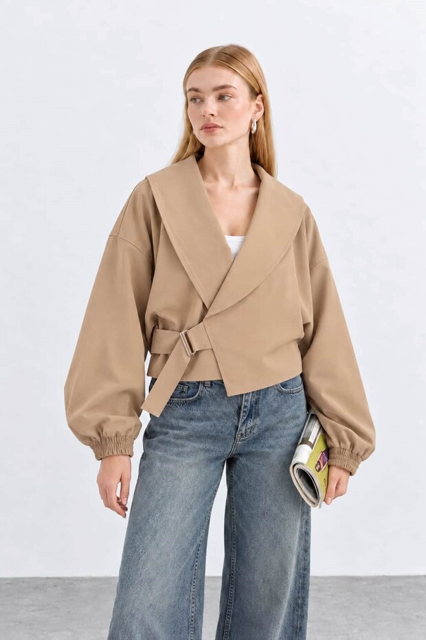 Women's Shawl Collar Metal Buckle Wide Sleeve Oversize Jacket