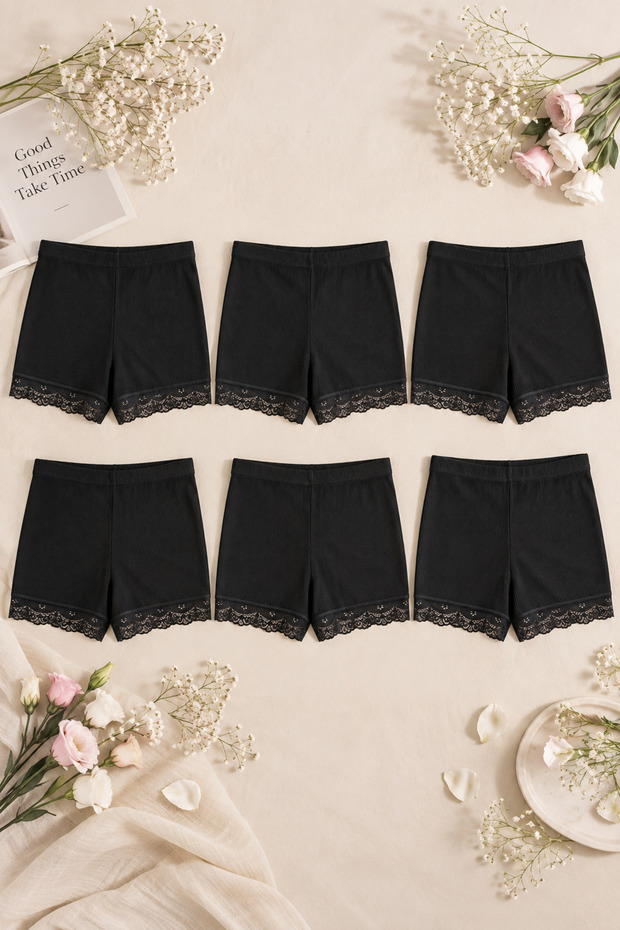 6-Piece Women's Lace Cotton Combed Cotton Camisole Boxer Shorts Panties Black