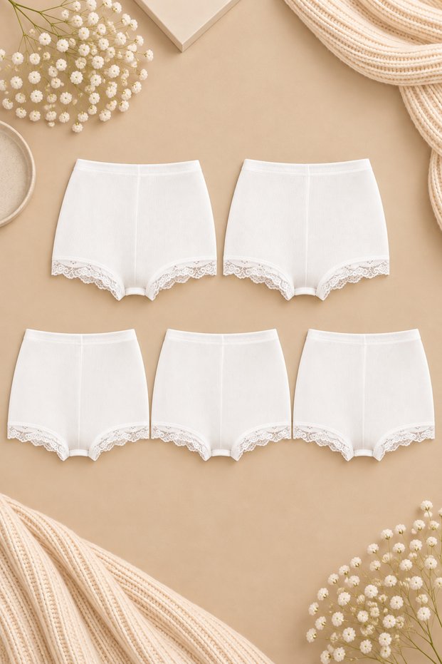 5-Pack Women's Lace Cotton Combed Cotton Camisole Boxer Shorts Panties White