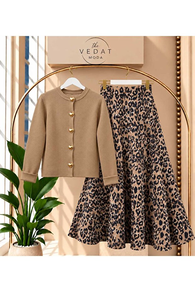Women's Heart Buttoned Knitwear Cardigan - Leopard Patterned Puff Scuba Set -0500