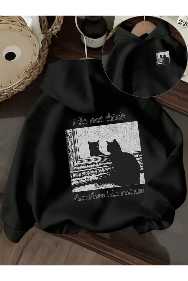 Unisex Thinker Cat Double-Sided Printed Premium Hooded Sweatshirt with 2 Yarns Oversized Sweatshirt
