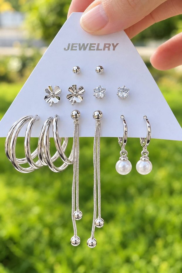 Women's Silver Color 12-Piece Multi-Set Earrings