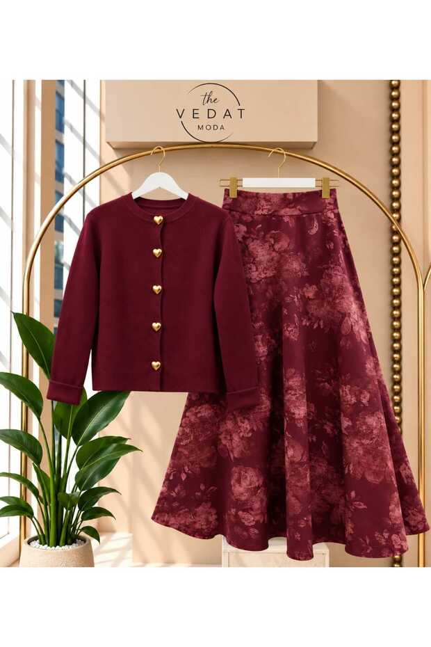 Women's Heart Buttoned Knitwear Cardigan - Patterned Scuba Skirt Set -0500