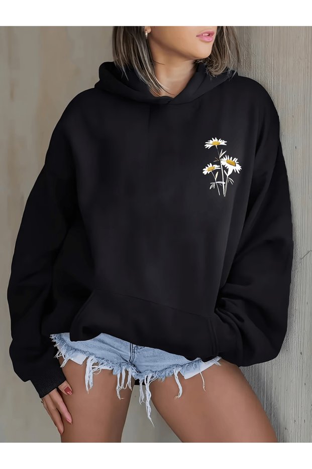 Women's Collar Daisy Printed Premium Hooded 2 Thread Oversize Sweatshirt