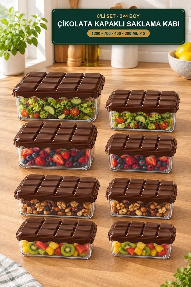 8-Piece Chocolate Lid Storage Container Set 2X4 Sizes 1200 700 400 200 ml Transparent Food Container