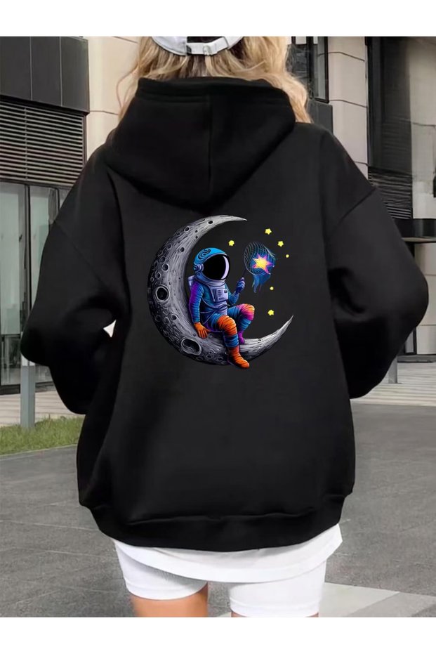 Unisex Moon and Astronaut Double-Sided Printed Premium Hooded 2-Yarn Oversize Sweatshirt