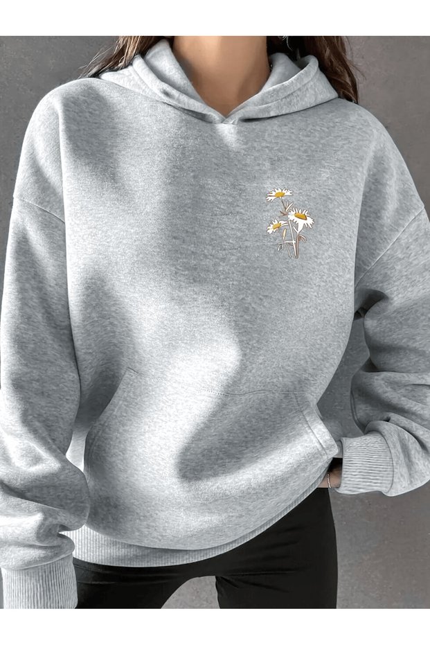 Women's Collar Daisy Printed Premium Hooded 2 Thread Oversize Sweatshirt