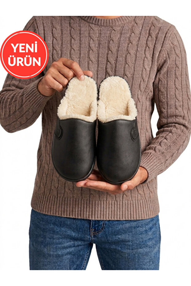 Men's House Slippers Black Leather with Fur Inside Plush Warm Sole Winter Comfortable Slippers Dowry Slippers Stc1374