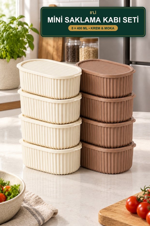 8-Piece Mini Storage Container Set 400 ml with Lid Cream Mocha Nuts Breakfast Container