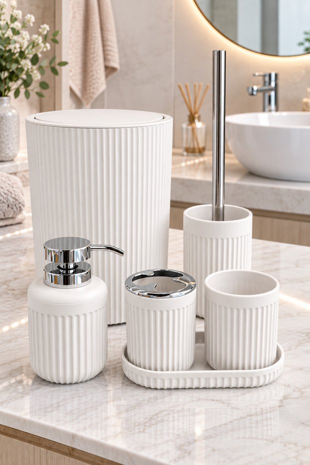 Melo 6 Piece Striped Bathroom Accessory Set-White