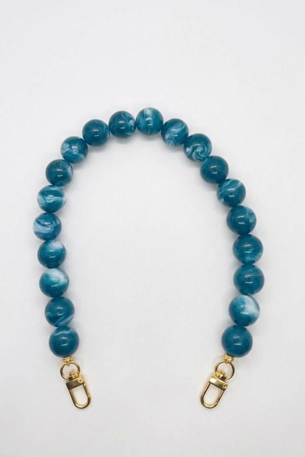 Acrylic Bag Handle Knitted Handmade Bag Handle Hobby Accessory with Pearl Beads - Petrol Blue Gold Clip