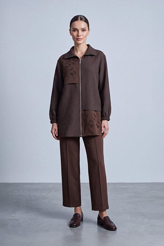 Women's Floral Embroidered Zippered Textured Jacket and Trousers Set 14541