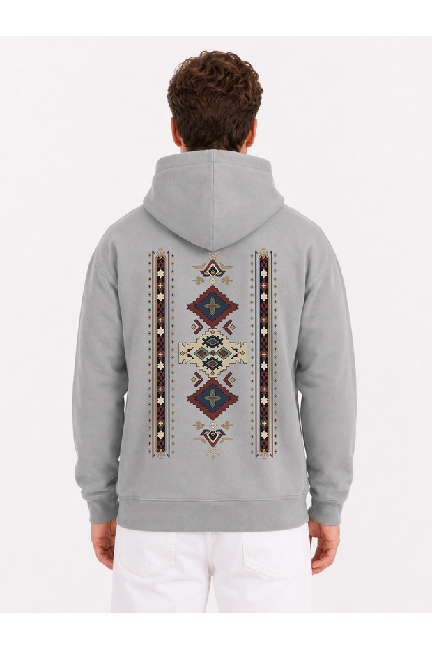 Traditional Patterned Oversize Sweatshirt Hoodie Unisex 3 Threaded Yarn