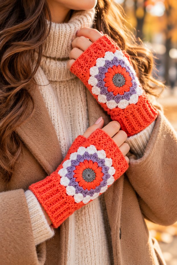 Women's Fingerless Knitted Gloves Handmade Floral Motif Coral Orange Winter Knitted Gloves