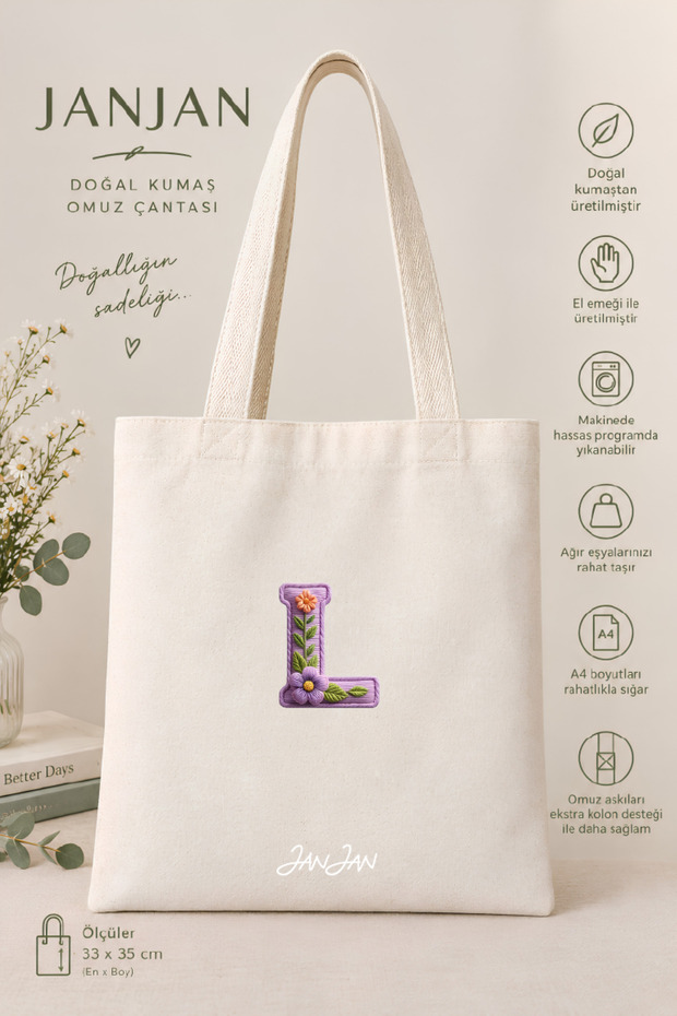 Canvas Tote Shoulder Bag Women's Daily Bag Suitable for A4 Size Handmade Natural Fabric Large Tote Bag Name Printed, Letter Printed Bag