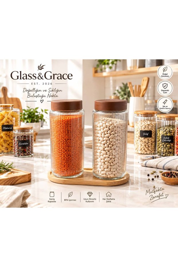 2-Piece Set of 1500 ml Striped Glass Food Jars with Plastic Lids and Stands – with Label Gift