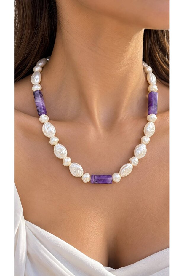 Pearl-Looking Amethyst Natural Stone Necklace Purple Stone Handmade Design Necklace