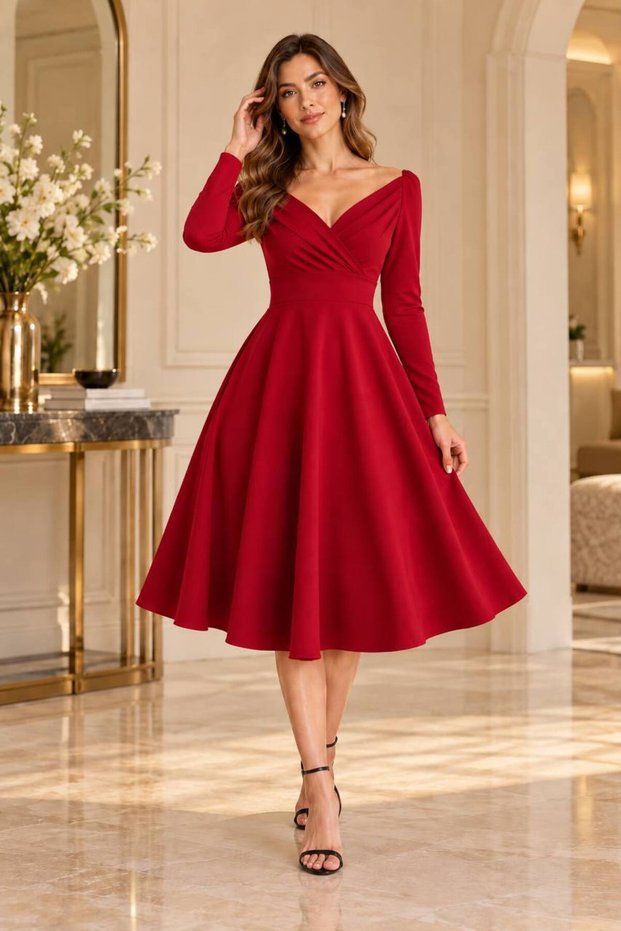 Women's Long Sleeve Double Breasted Collared Pleated Midi Dress