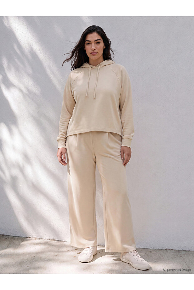 Two Mt Shop Quality Lcw Petite Beige Interlock Plain Loose & Baggy Women's Sweatpants