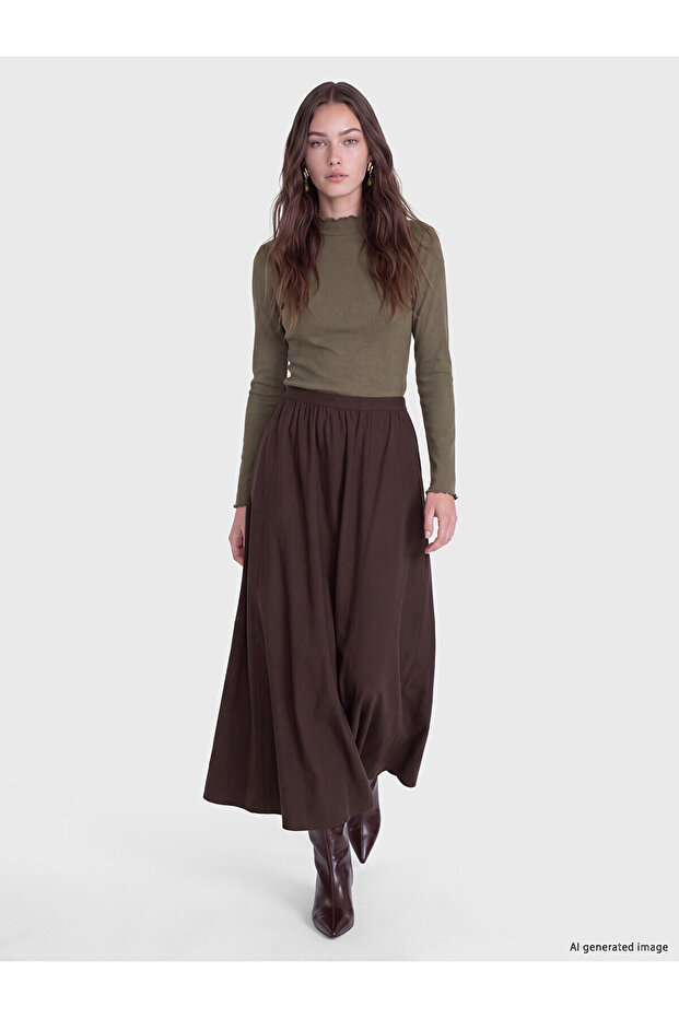Alita City Lcw Modest Brown Gabardine Plain Midi Women's Skirt with a Difference