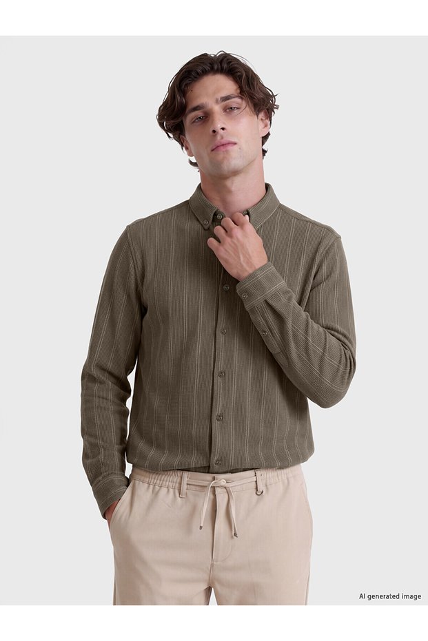 Ozmarka New Season Beige Slim Fit Striped Combed Cotton Men's Shirt