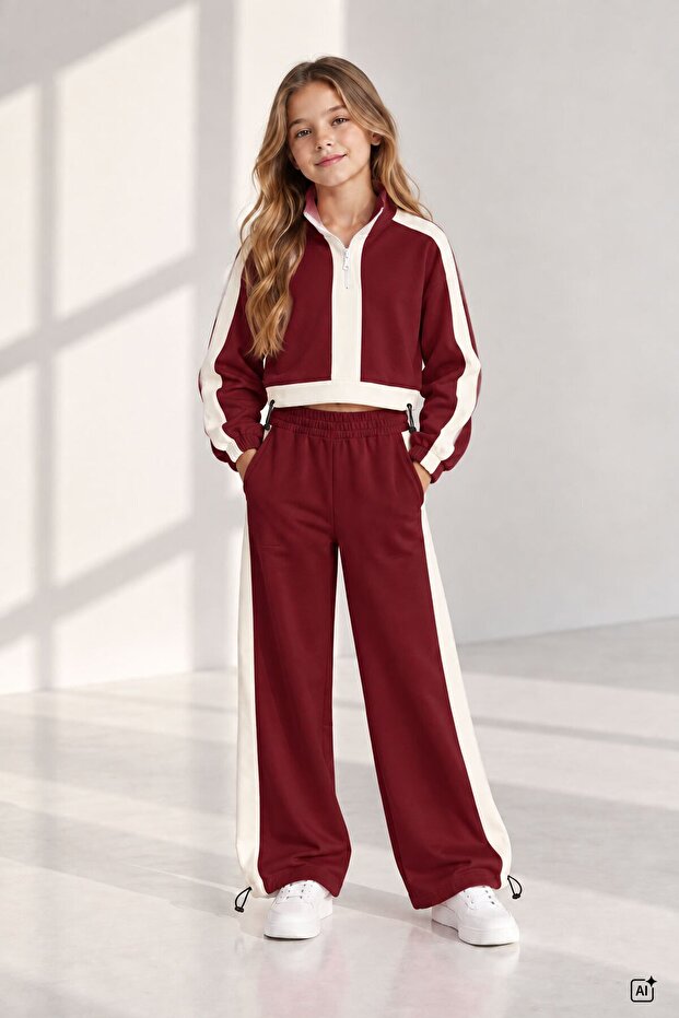 Burgundy Girls' Zipper Collar Crop Sweatshirt Striped Wide Leg Sweatpants Set 24945