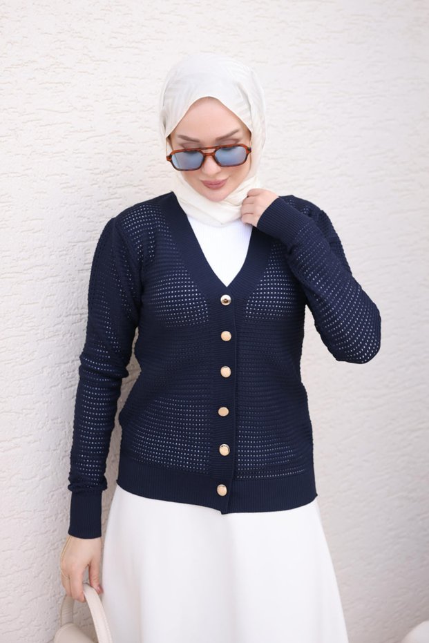 Navy Blue Buttoned Openwork Knitwear Cardigan