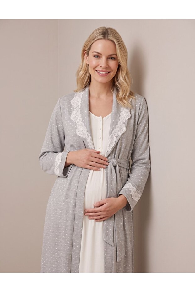 Women's Gray Polka Dot Patterned Lace New Season Winter Maternity Nightgown Set with Easy Breastfeeding Dressing Gown