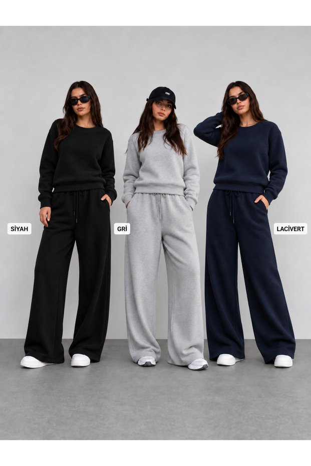 Women's 3-Piece Set with Inner Lining Winter Wide Leg Sweatpants Black Gray Navy Blue