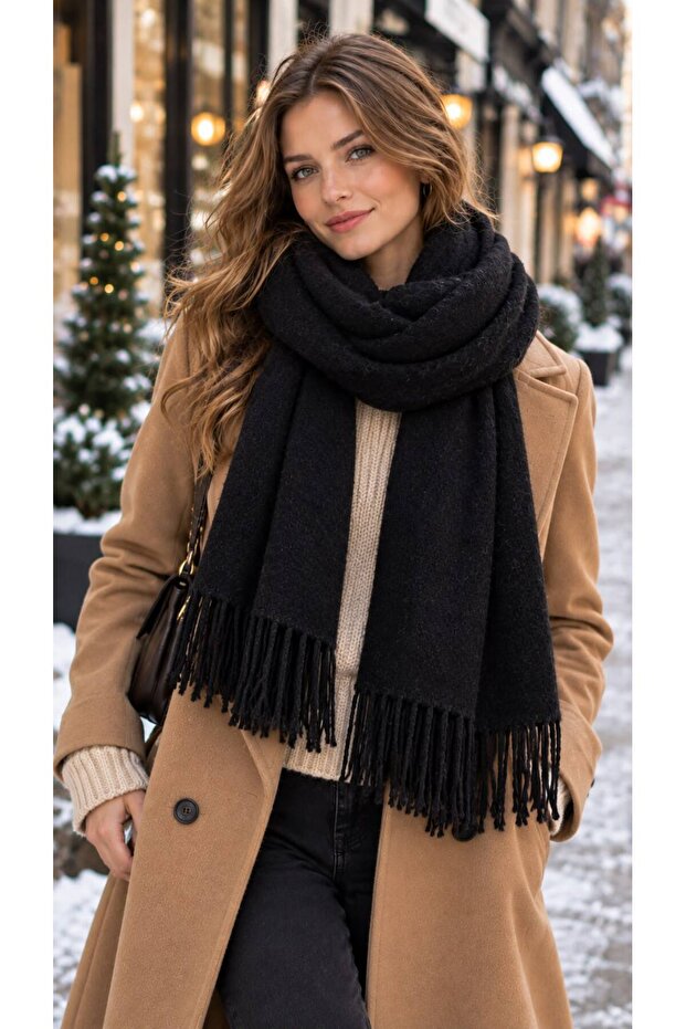 Black Lux Puff Tasseled Soft Textured Thick Women's Shawl