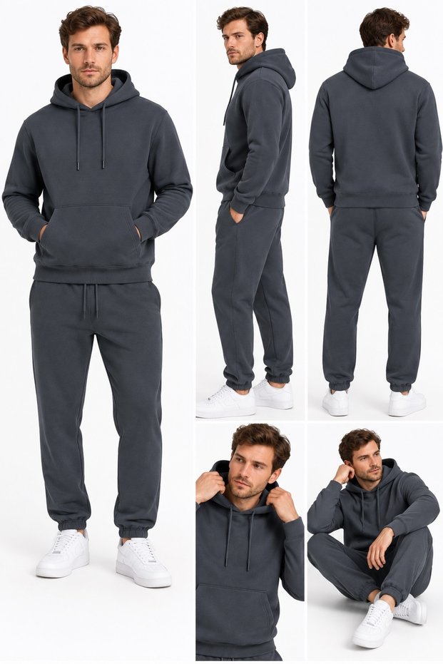 Men's 3 Thread Track Suit Set with Hooded Elasticized Cuffs (Soft Puff Fabric) Smoked Gray Brown Black Stone