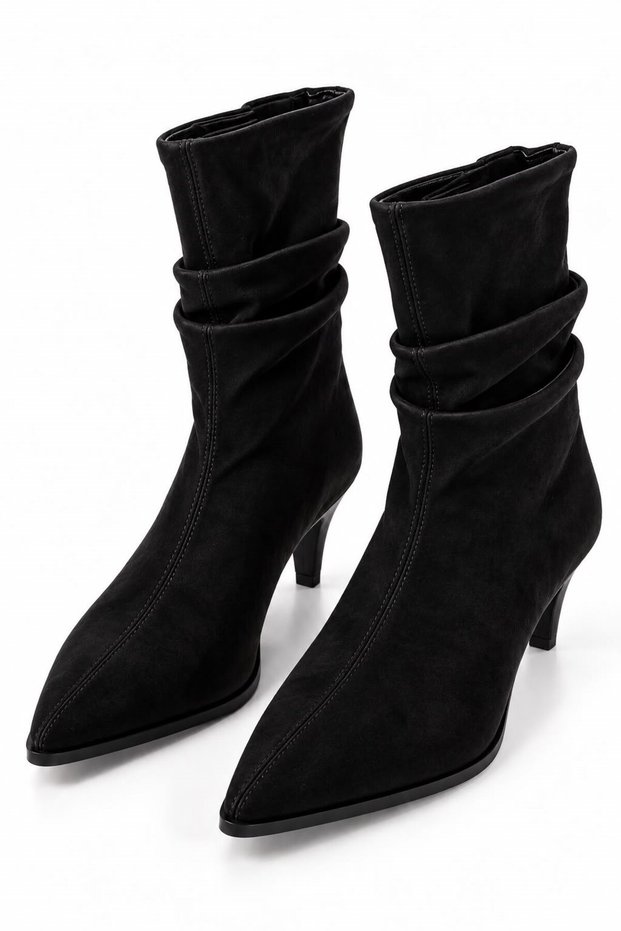 Women's Pointed Heeled Bellows Suede Boots Black1