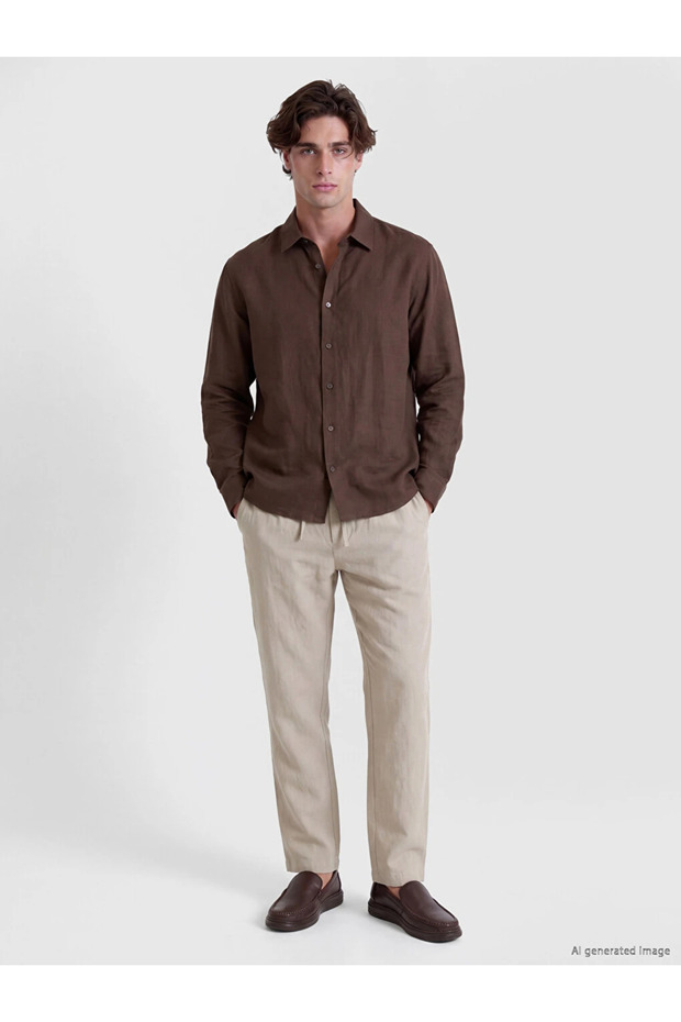 Beige Regular Fit Dobby Men's Trousers