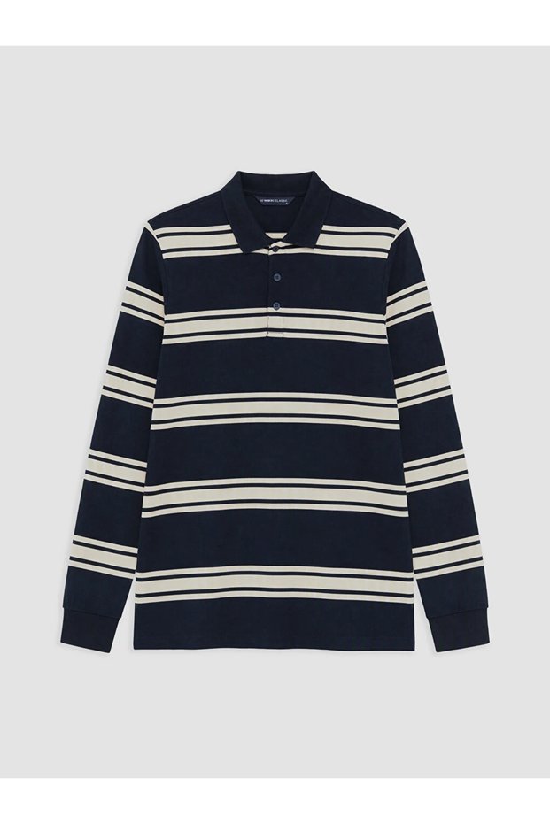 Navy Blue Polo Neck Striped Men's Sweatshirt