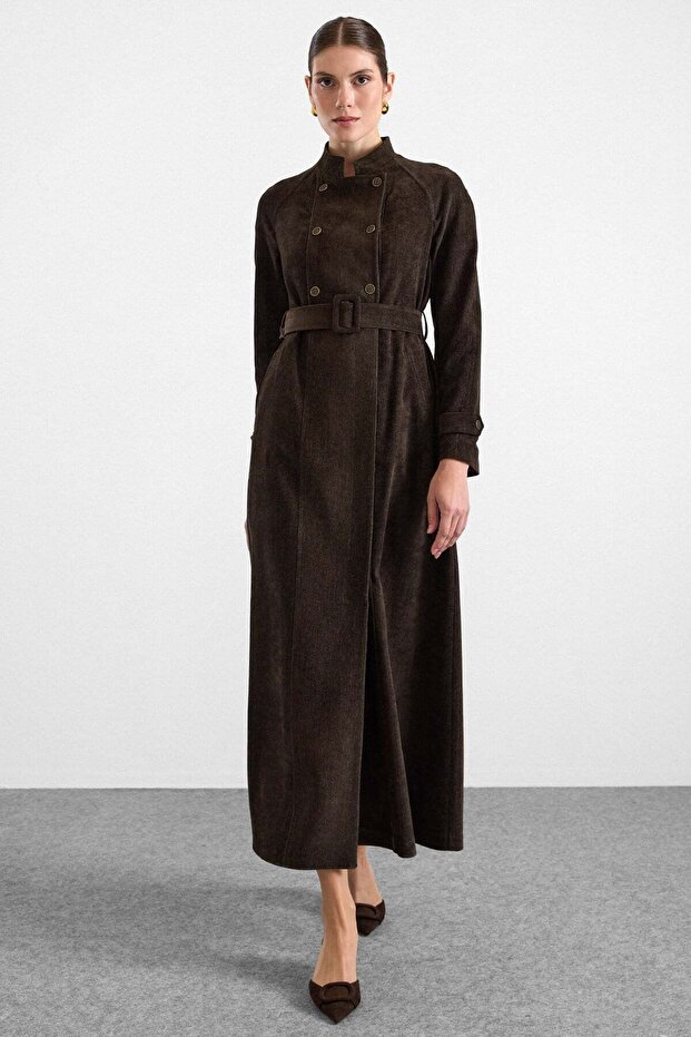 Snap Detailed Raglan Sleeve Double Breasted Overcoat Brown 6912
