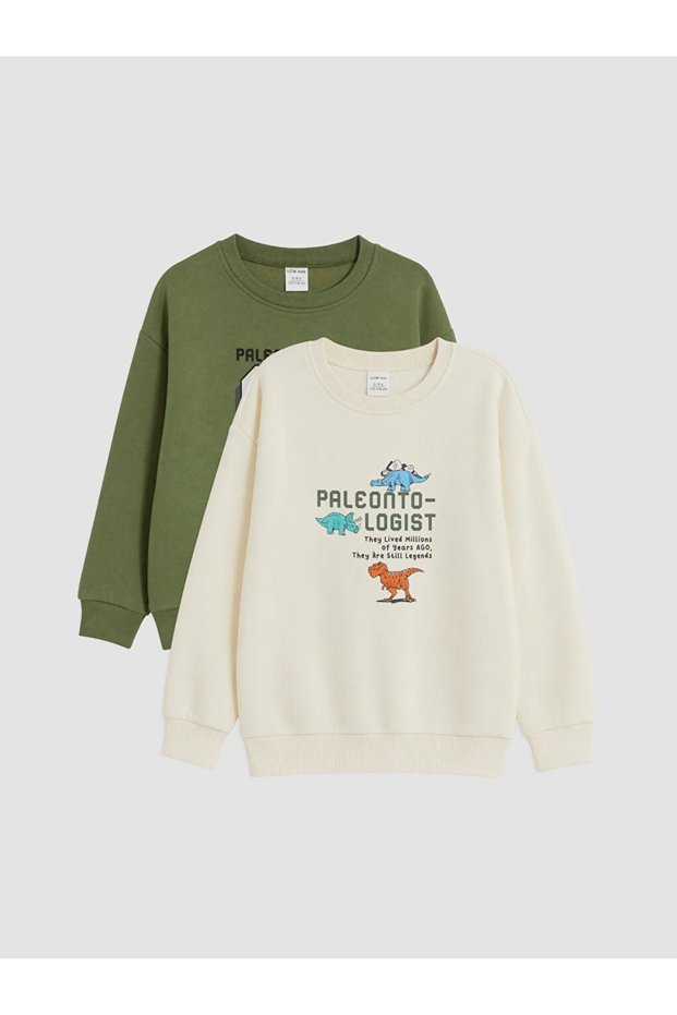 Khaki Dinosaur Printed Boys' 2-Piece Sweatshirt