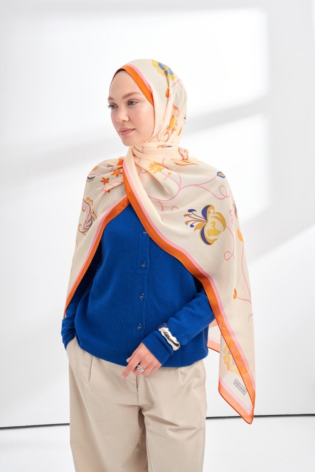 Floral Archive Fiora Design Shawl - Orange - Cream