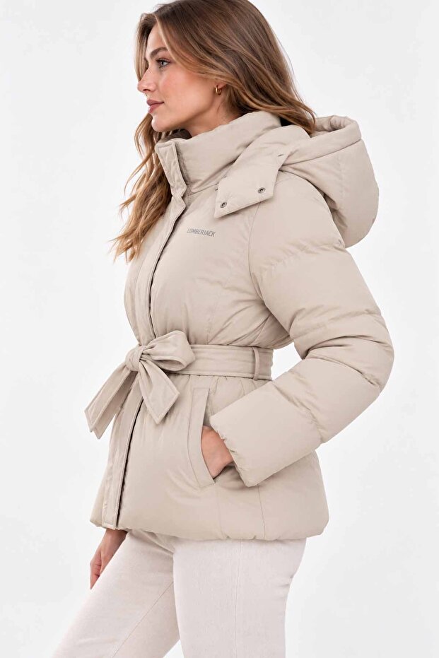 Women's Hooded Puffer Coat Beige Belted Cold Weather Coat