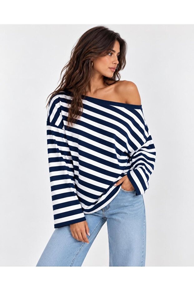 Women's Navy Blue Striped Off-Shoulder Long Striped Blouse