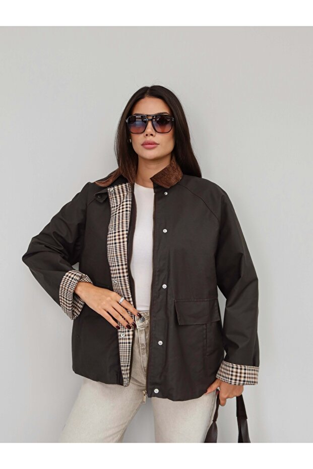Velvet Collar Plaid Detail Jacket