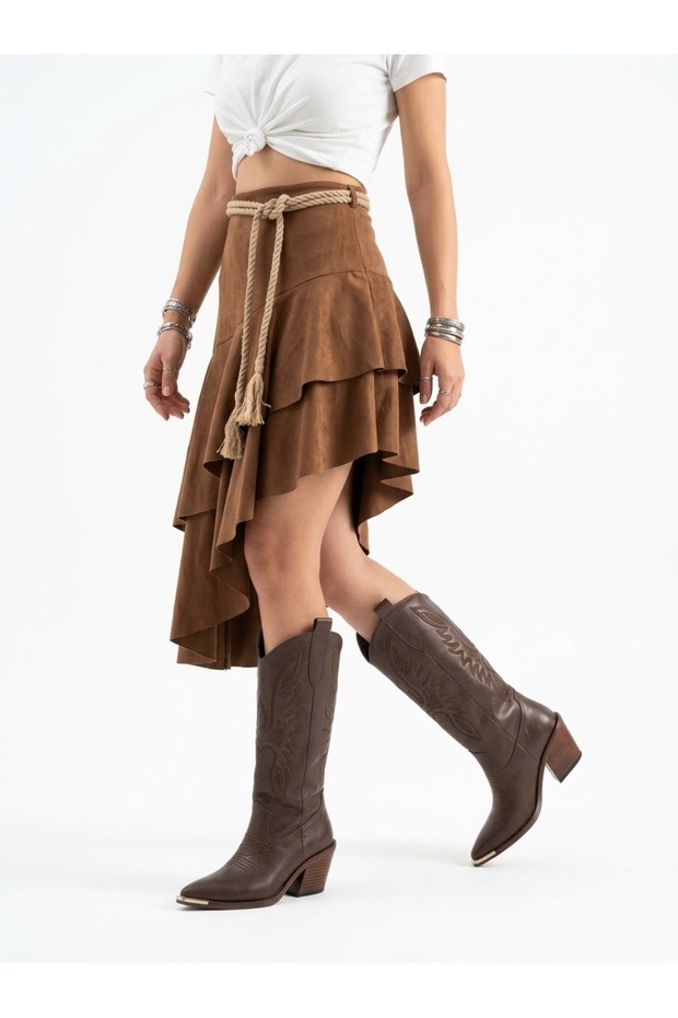 Artı-Artı006-1911 Women's Daily Western Pull-On Thick-Heeled Brown Leather Boots