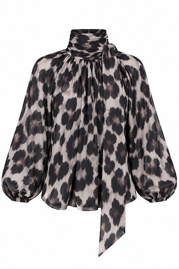Leopard Patterned Scarf Collar Blouse - 8647