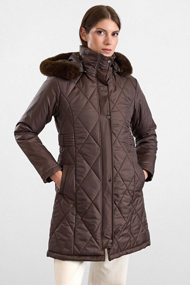 Removable Fur Hooded Zipper Closure Quilted Coat Brown 6923