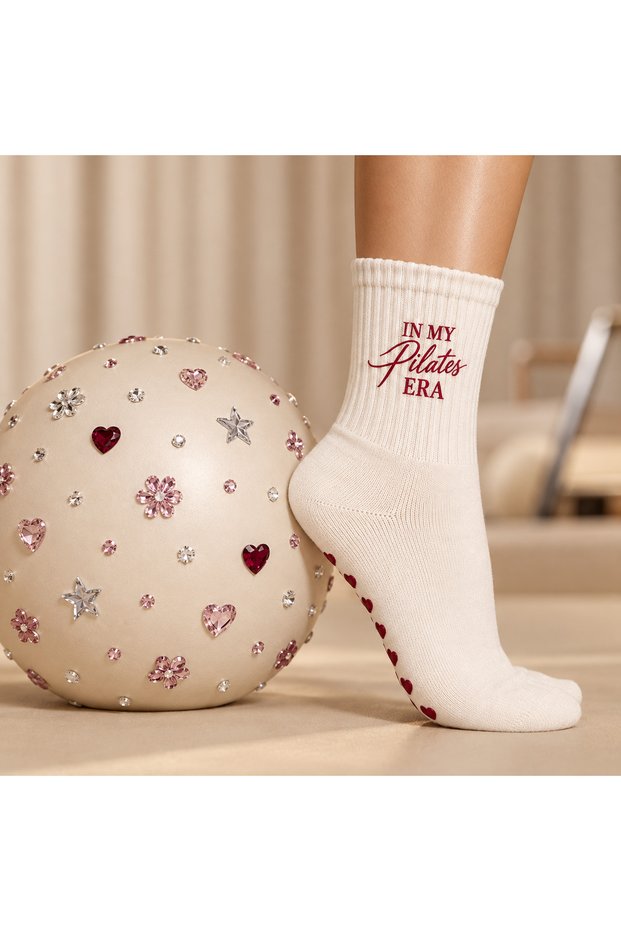 In My Pilates Era Grip Socks | Cream & Burgundy