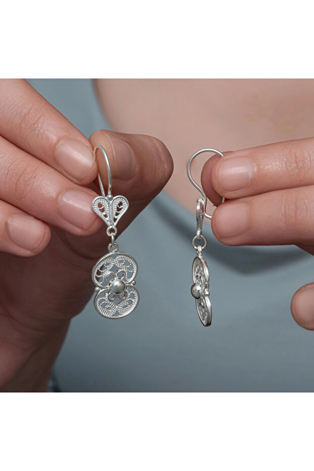 Silver Flower Motif Filigree Women's Earrings