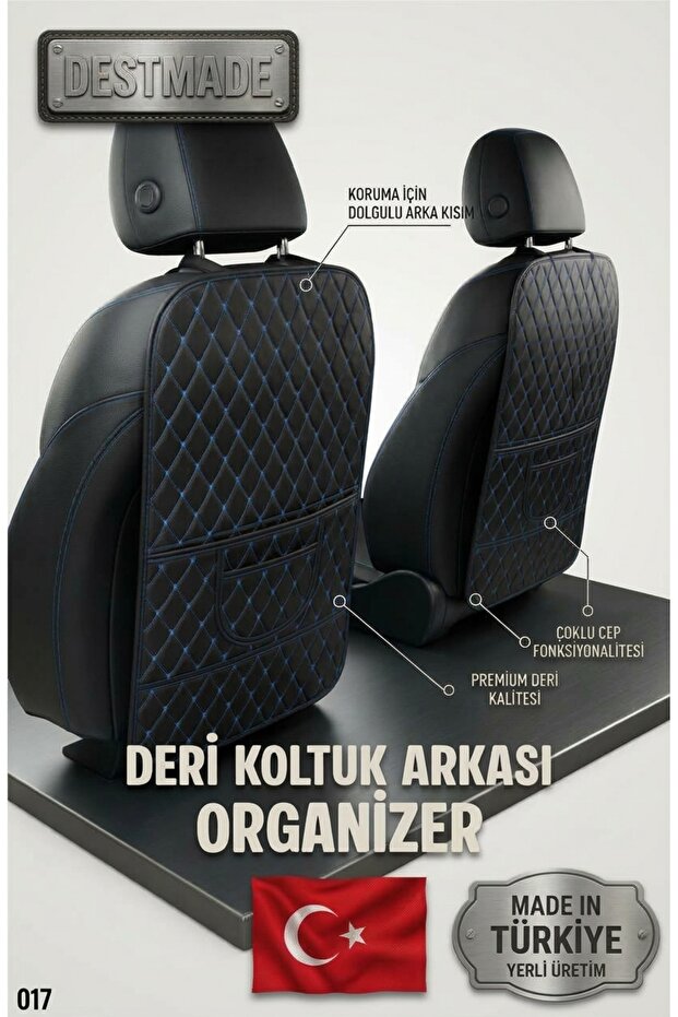 Fiat Bravo Compatible 2 Pieces Black Leather Blue Stitched Car Seat Organizer