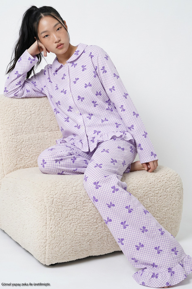 Lilac Bow Patterned Ruffle Soft Tuşe Winter Buttoned Knitted Pajamas Set 8077