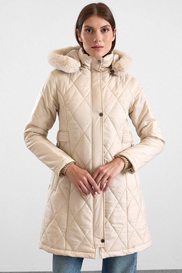 Removable Fur Hooded Zipper Closure Quilted Coat Stone 6923