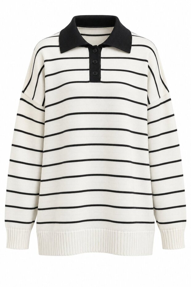 White Brown Striped Polo Collar Sweater - 2Y1510