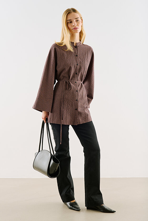 Wide Sleeved Belted Tunic Brown